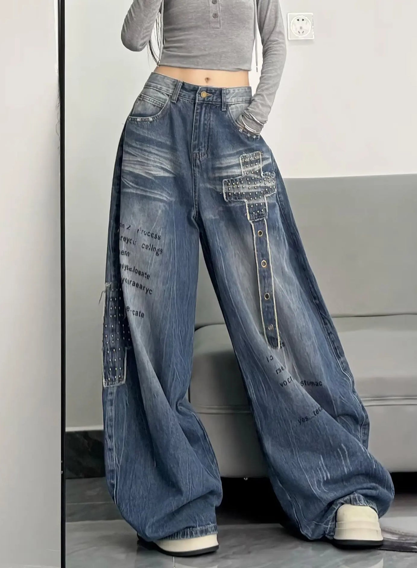 Retro Embroidered High Waist Wide Leg Jeans