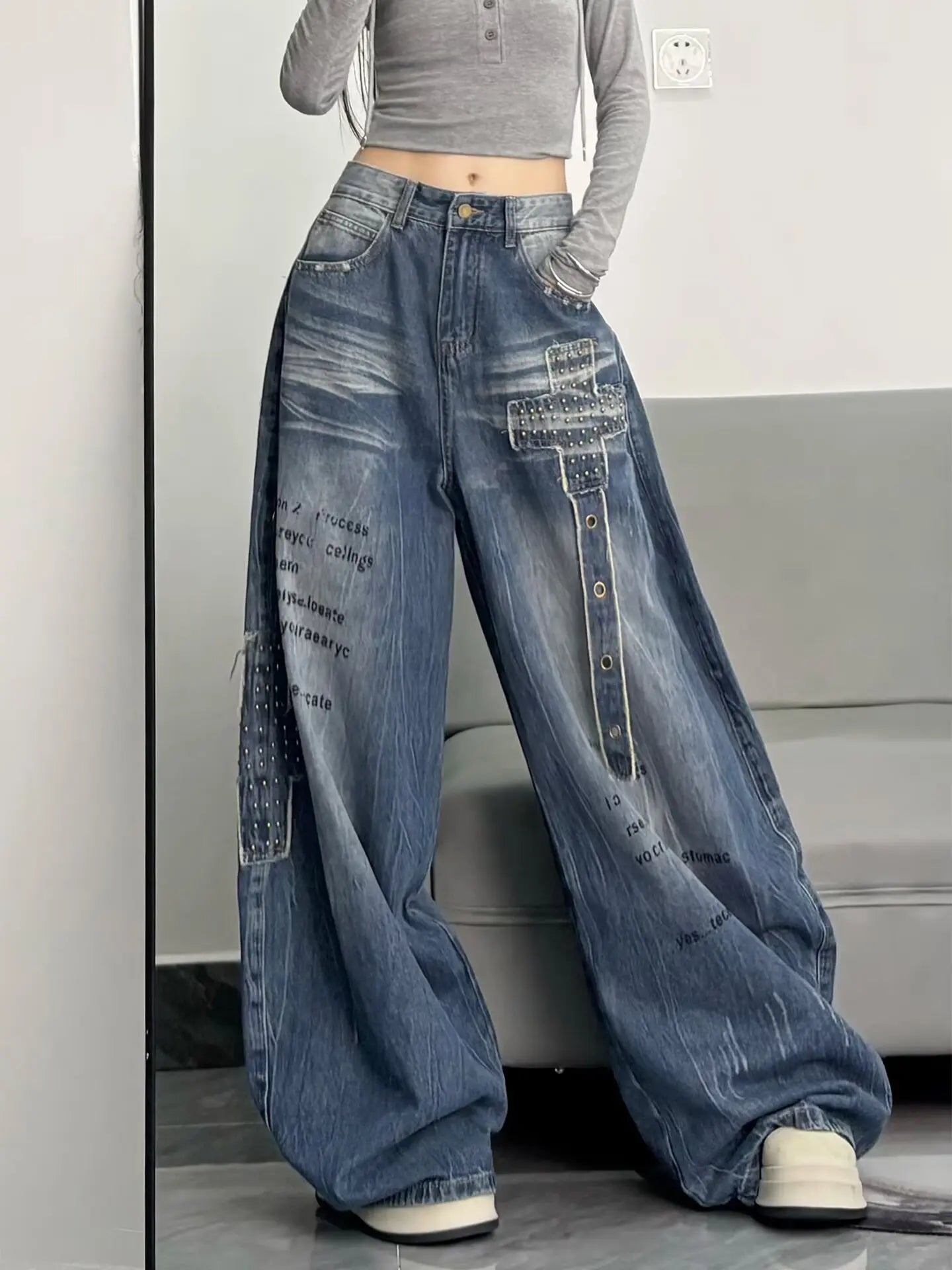 Retro Embroidered High Waist Wide Leg Jeans