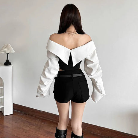 Monochrome Buckled Off-Shoulder Top