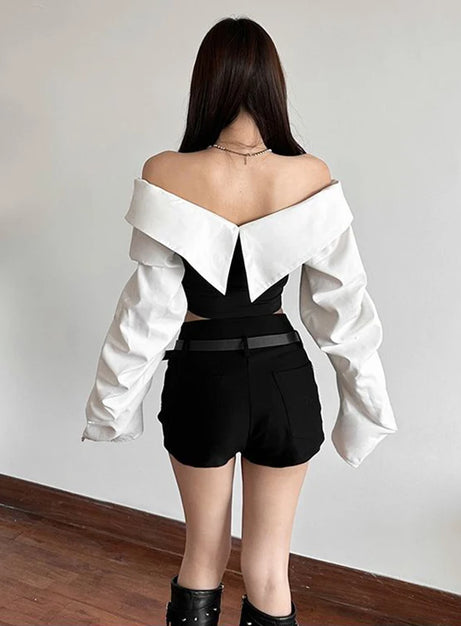 Monochrome Buckled Off-Shoulder Top