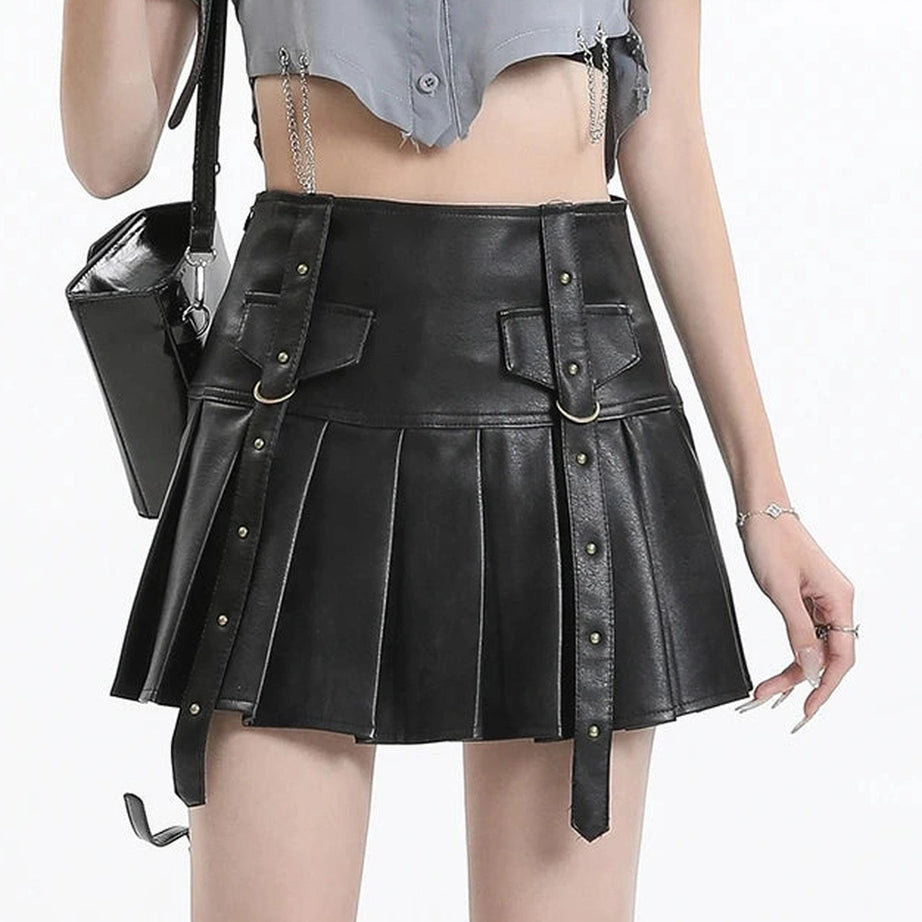 Black Buckled Pleated Mini Skirt