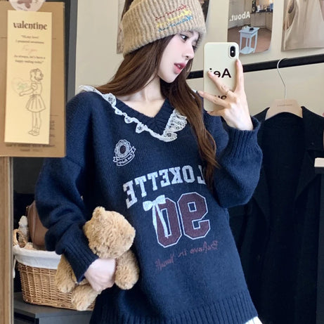 Pink Lace-Trim Graphic Knit Sweater