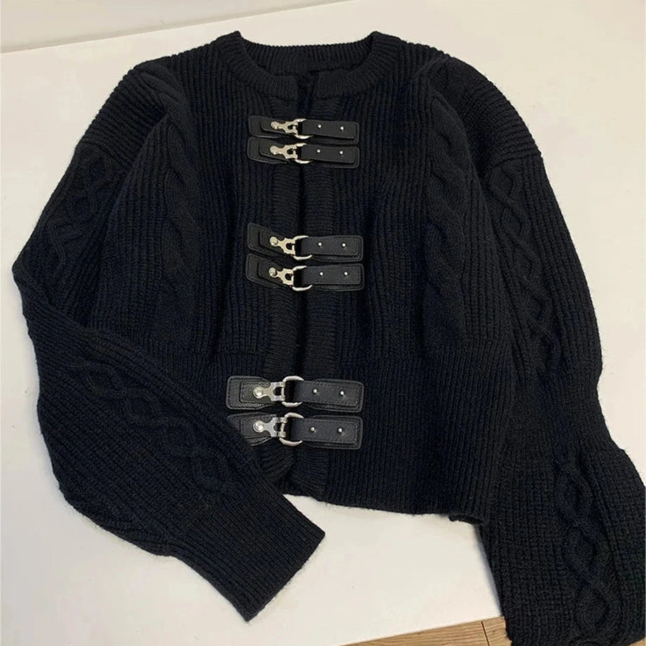 Buckled Cable Knit Cropped Sweater