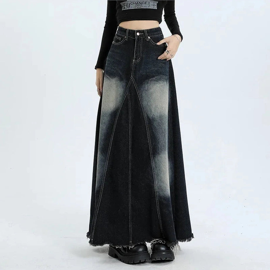 Faded Black Maxi Denim Skirt