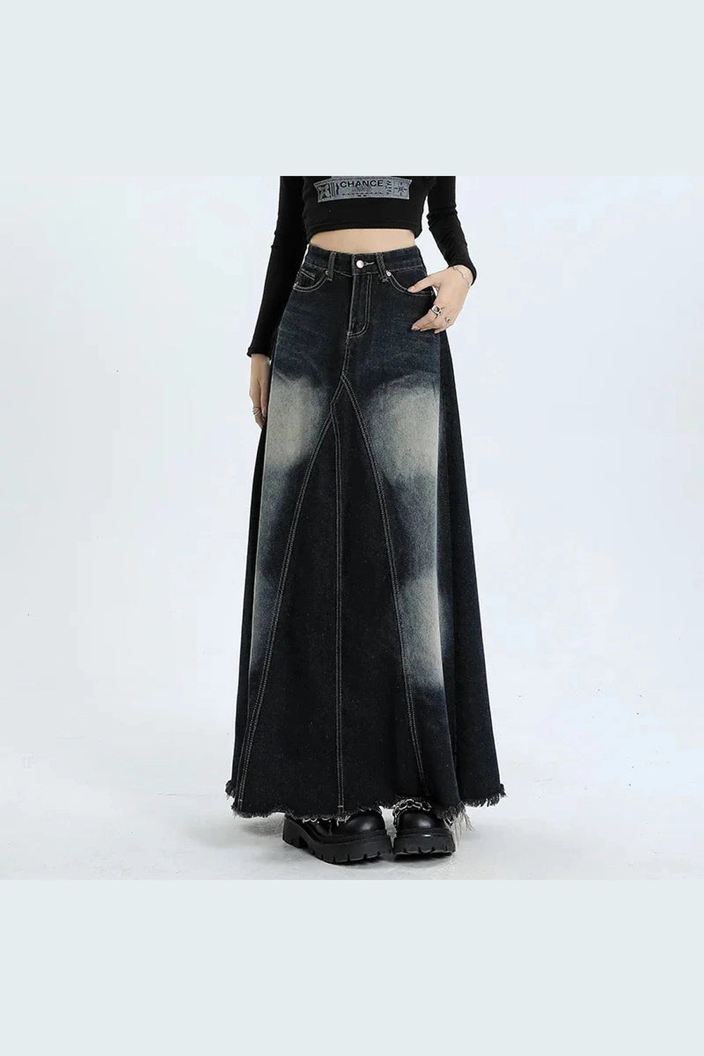 Faded Black Maxi Denim Skirt