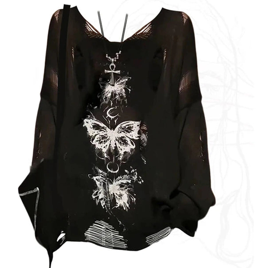 Gothic Butterfly Distressed Sweater