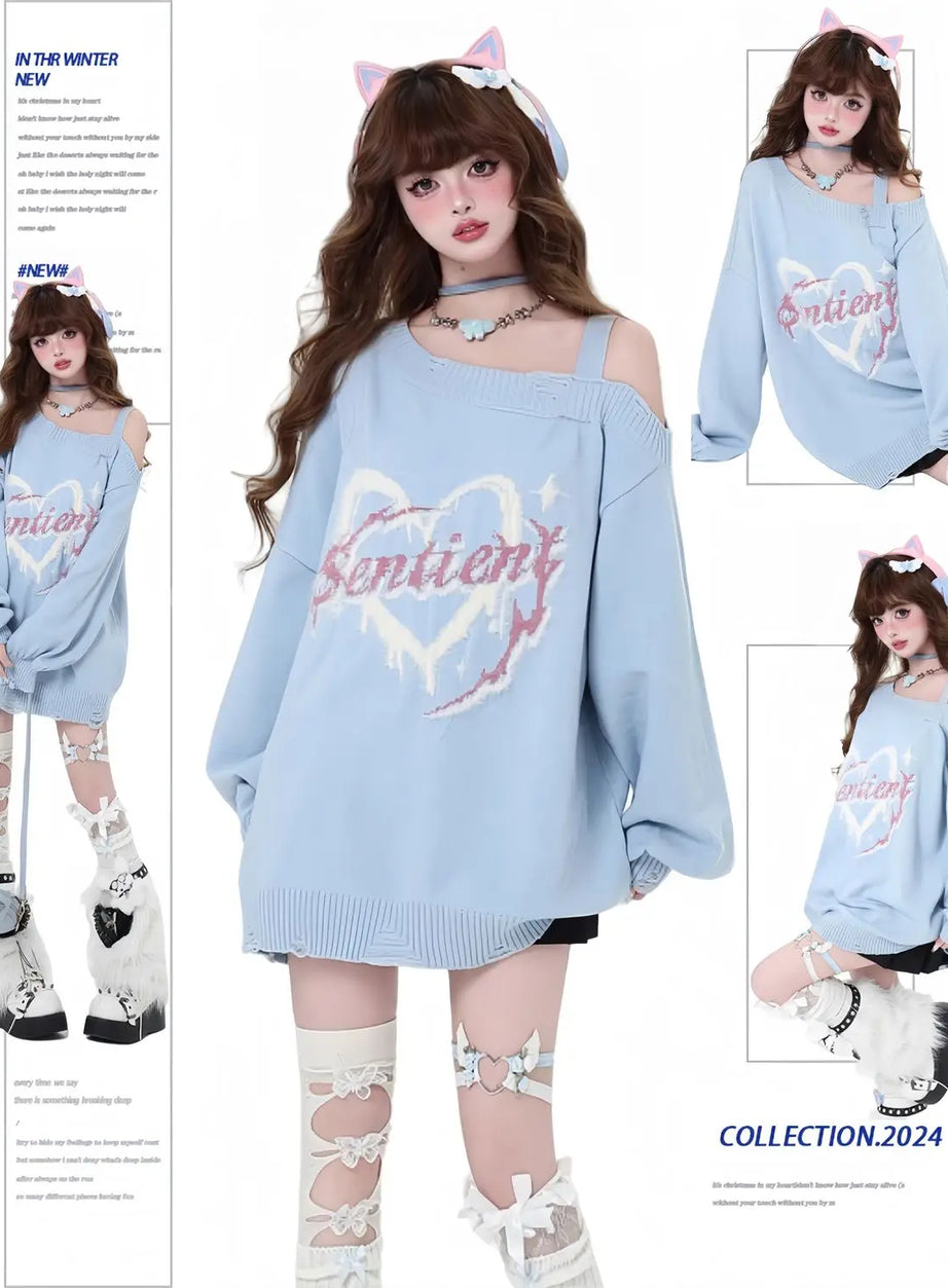 Oversized Edgy Heart Graphic Sweater