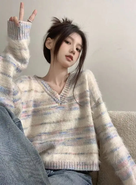 Pastel Striped Fuzzy Knit Sweater