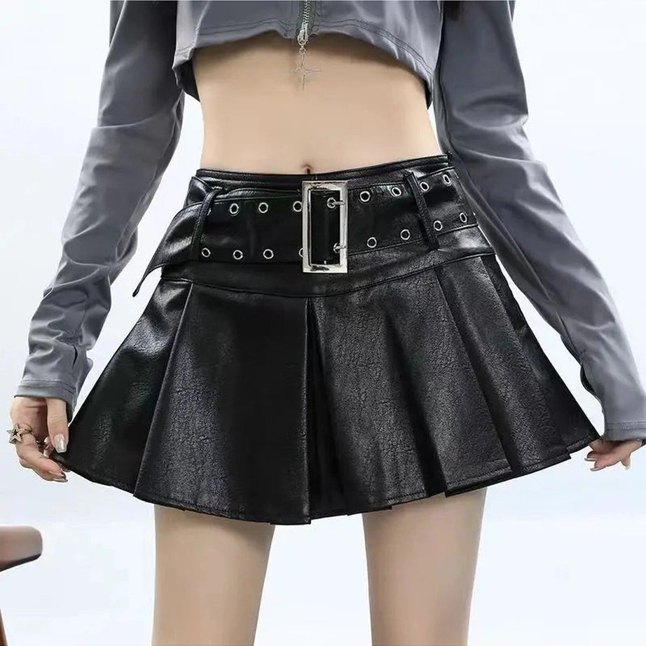 Grommet Belted Leather Mini Skirt