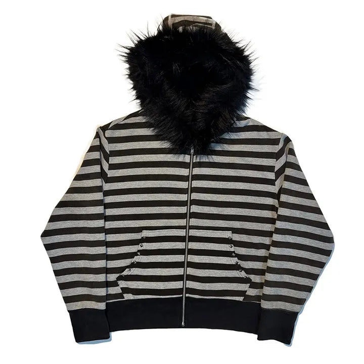 Midnight Stripes Faux Fur Hoodie