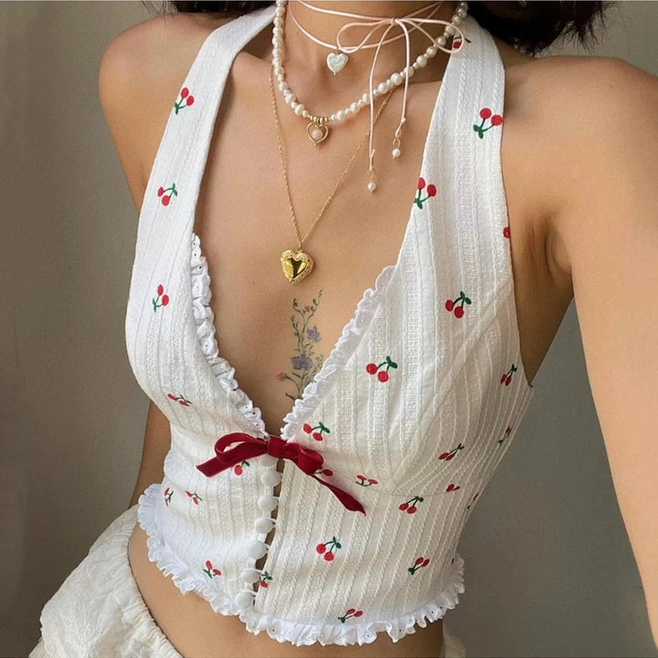 Cherry Blossom Lace-Up Halter Top