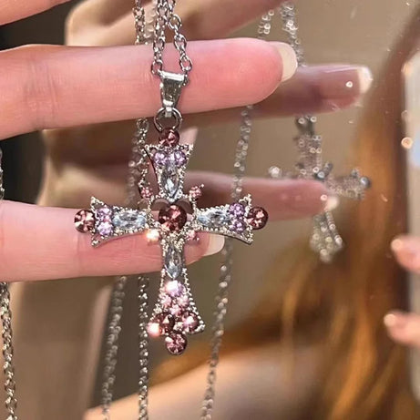 Crystal Rose Gothic Cross Necklace