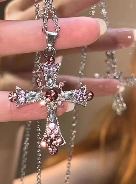 Crystal Rose Gothic Cross Necklace