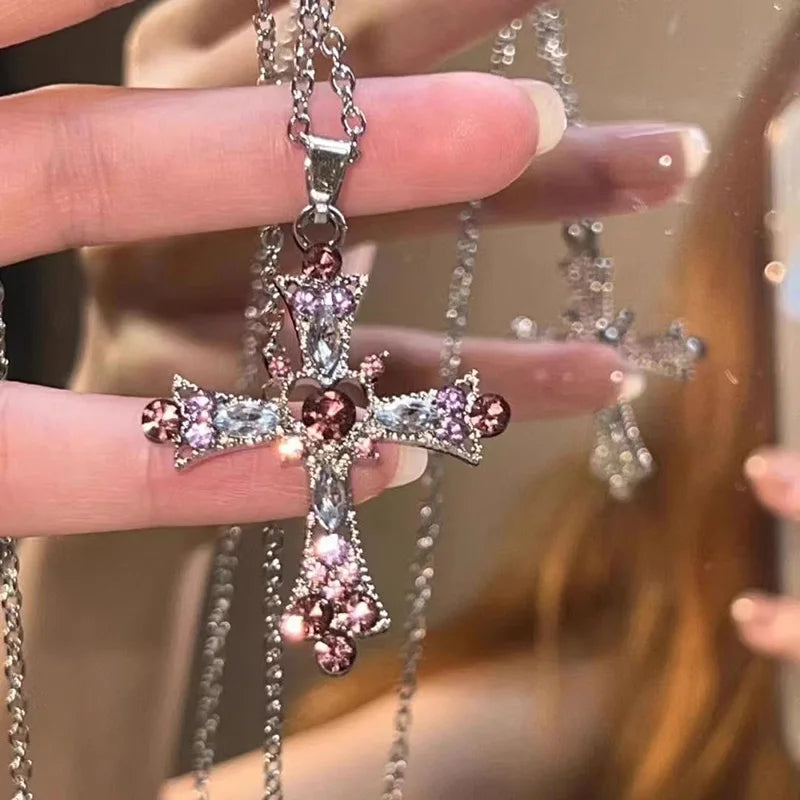 Crystal Rose Gothic Cross Necklace