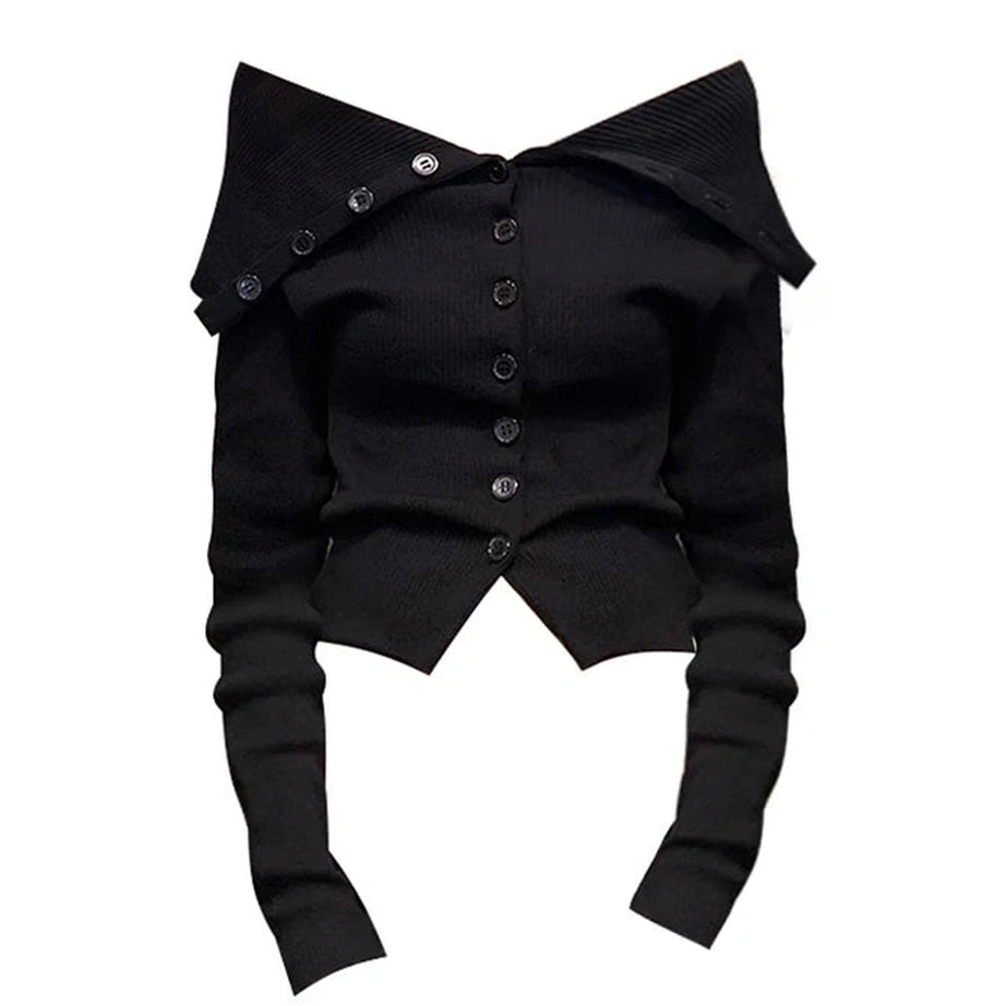 Noir Off-Shoulder Button-Up Cardigan