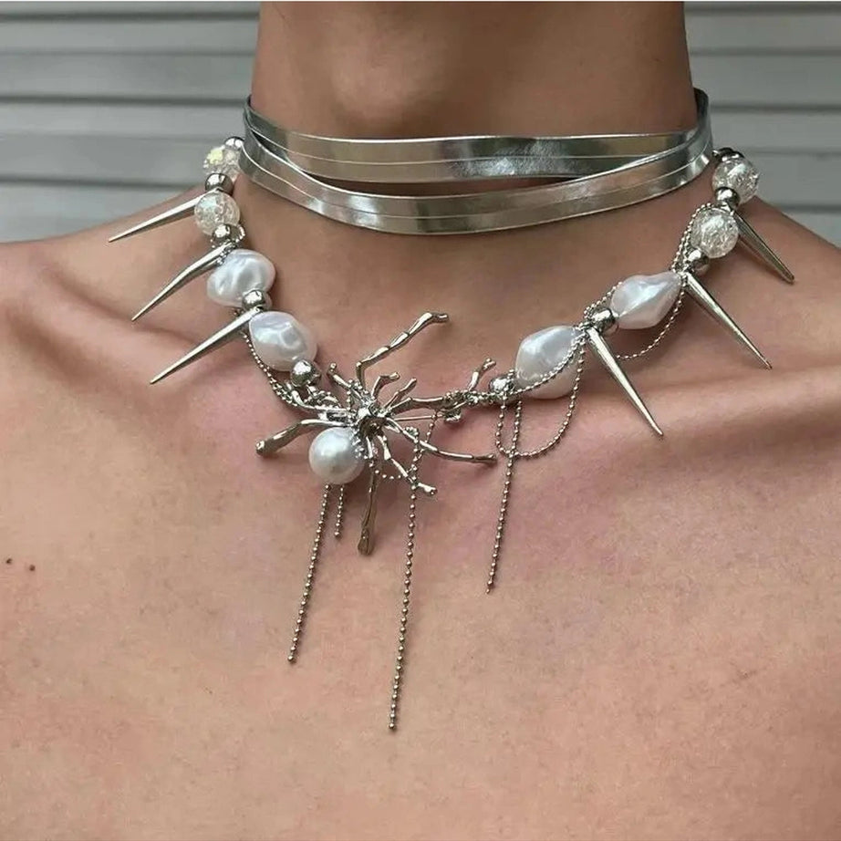 Y2k Spider Queen Pearl Spike Choker