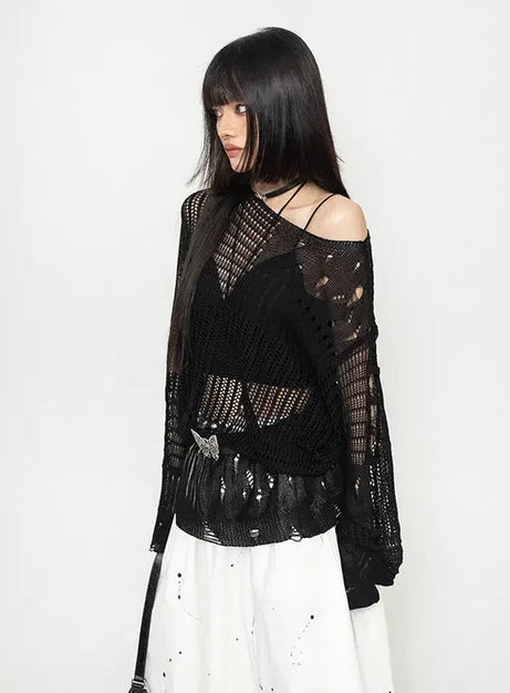 Void Wings Distressed Mesh Sweater