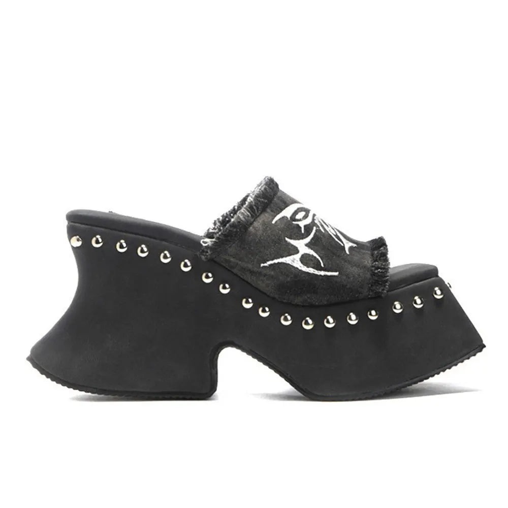 Goth Y2k Skull Rivet Platform Mule Shoe