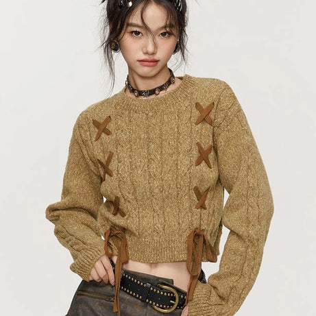 Lace-Up Cable Knit Crop Sweater