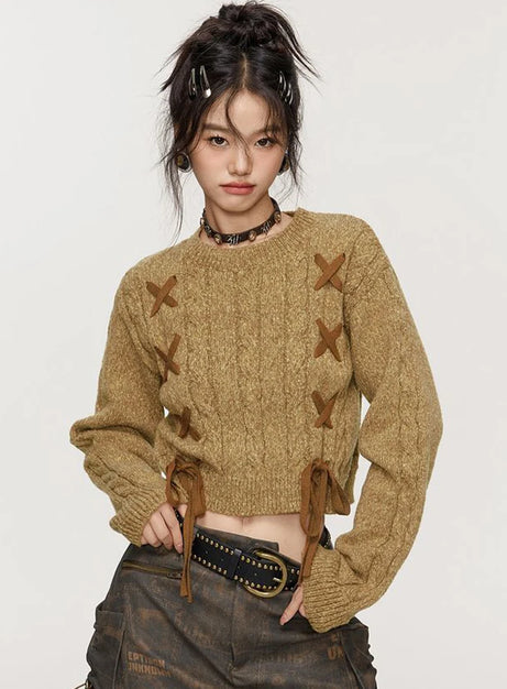 Lace-Up Cable Knit Crop Sweater