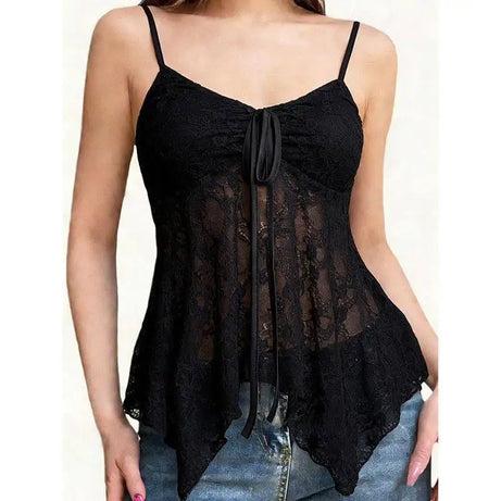 Y2K Sage Lace Tie-Front Cami Top