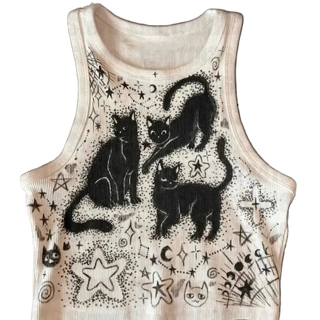 Goth Y2k Black Cat Coven Ribbed Crop Top