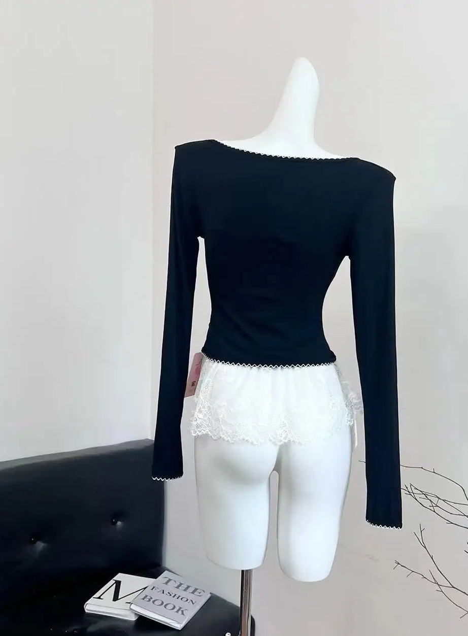 Noir Lace Bow Tie Blouse