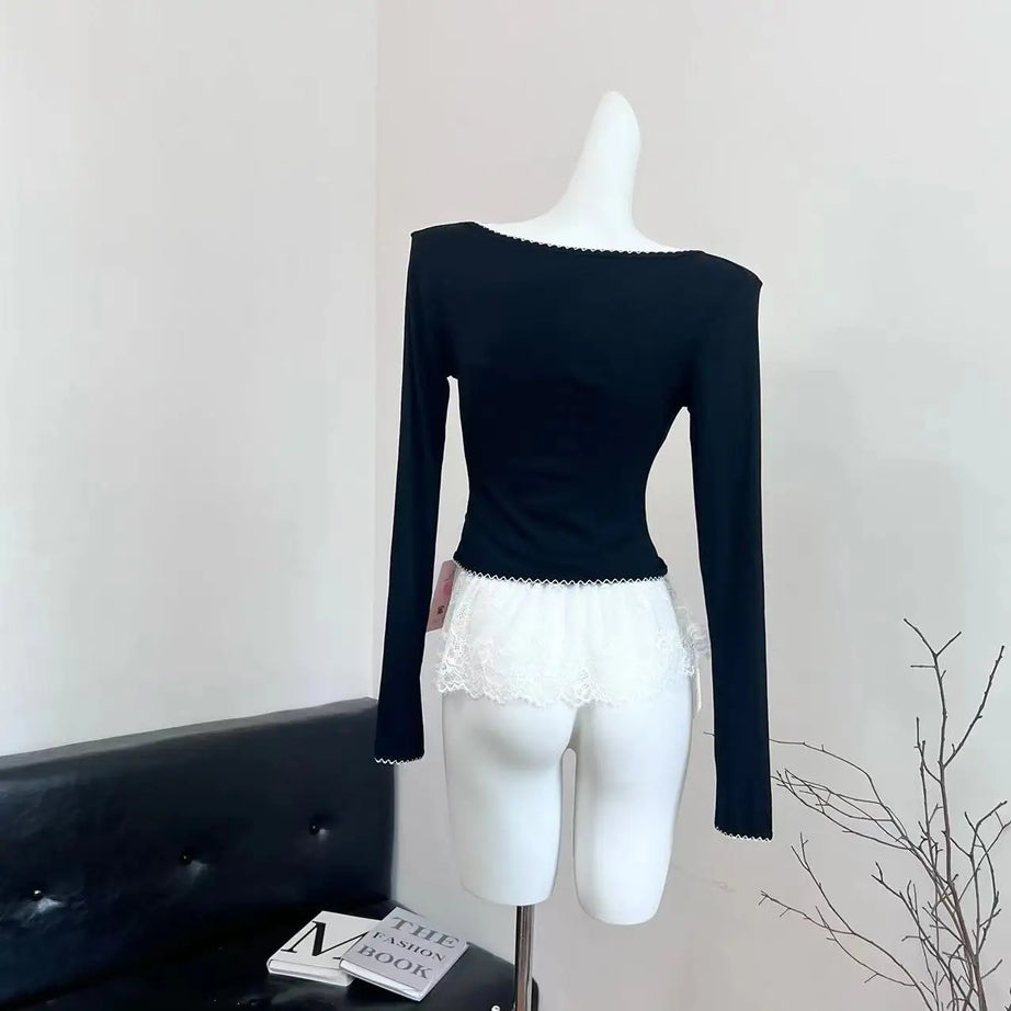 Noir Lace Bow Tie Blouse