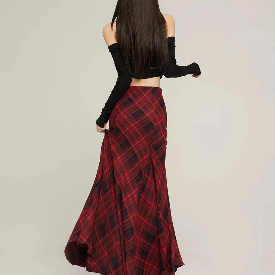 Red Plaid Mermaid Maxi Skirt