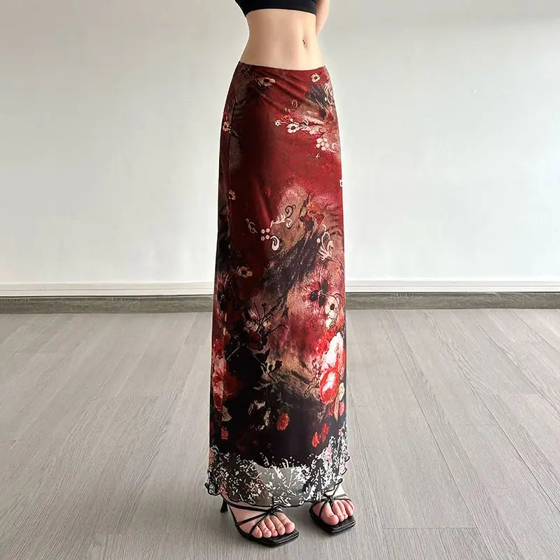 Y2K Crimson Bloom Mesh Midi Skirt