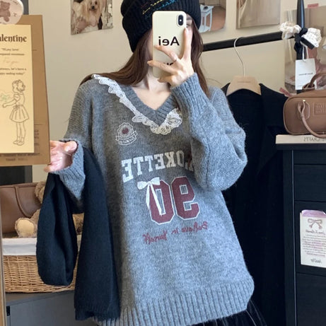 Pink Lace-Trim Graphic Knit Sweater