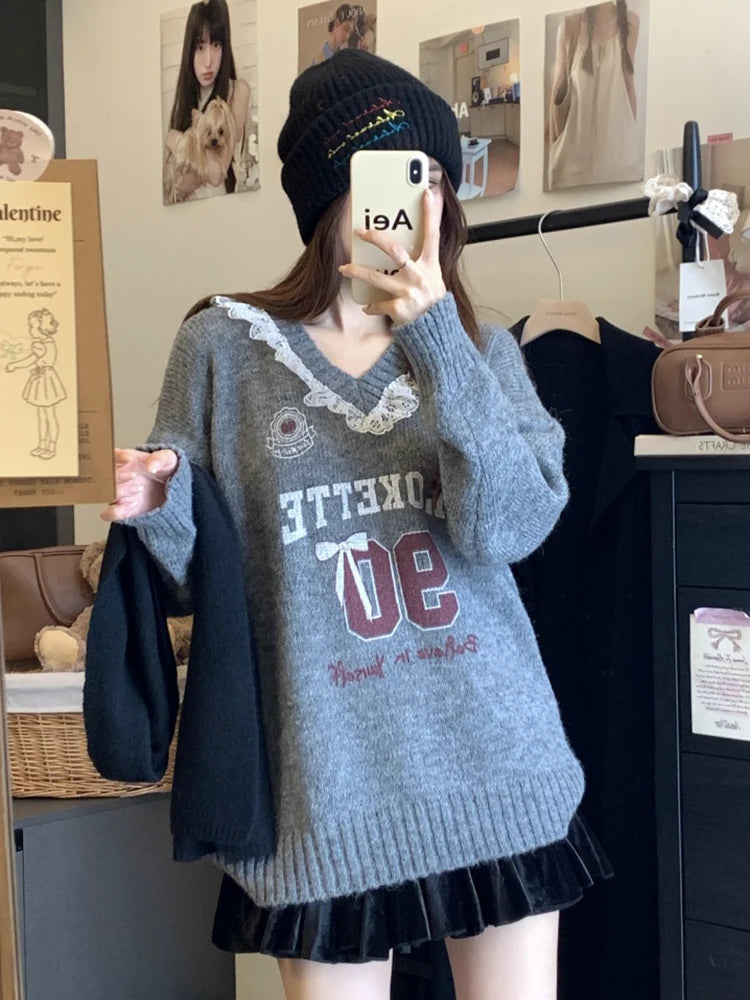 Pink Lace-Trim Graphic Knit Sweater