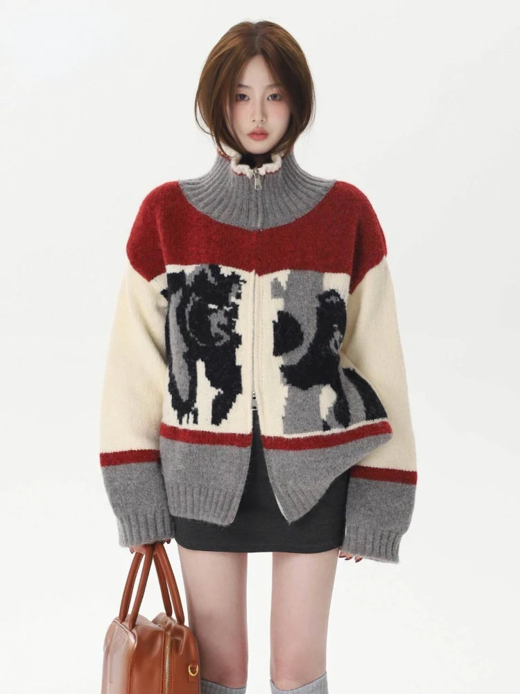 Abstract Knit Zip-Up Cardigan