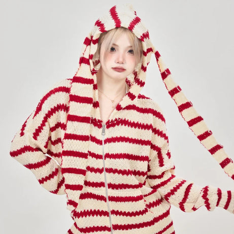 Striped Knit Bunny Ear Hoodie