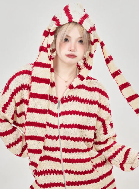 Striped Knit Bunny Ear Hoodie