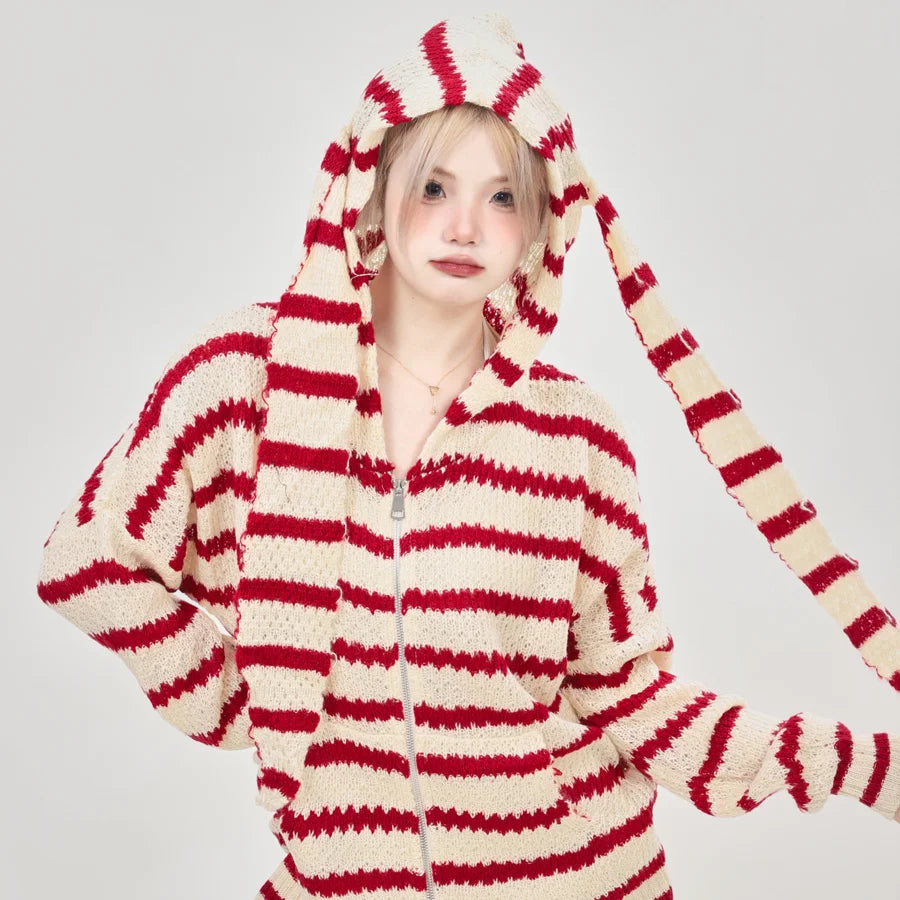 Striped Knit Bunny Ear Hoodie