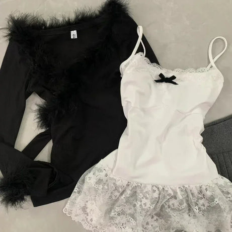 Midnight Elegance Fur-Trim Outfit Set