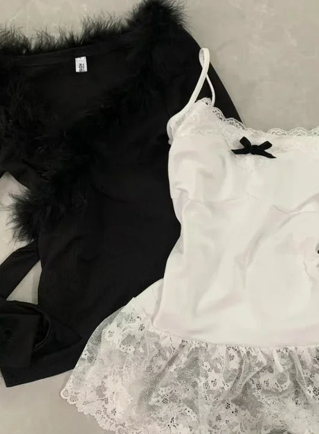 Midnight Elegance Fur-Trim Outfit Set