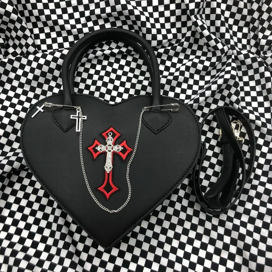 Gothic Style Women's Love Heart Purse Handbags Y2k Hot Girls Punk Shoulder Bag Metal Decoration Female Black Cool Messenger Bags