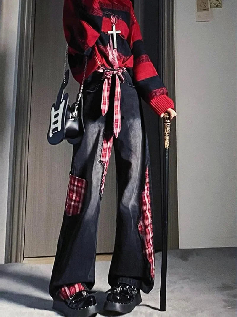 Plaid Patchwork Ribbon Jeans