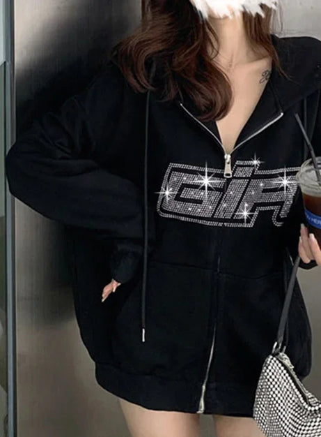 Rhinestone Logo Zip-Up Hoodie