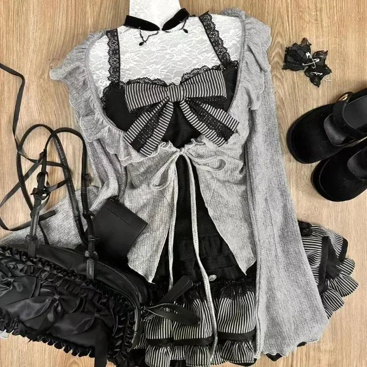 Dark Doll Bow-Knit Outfit Set