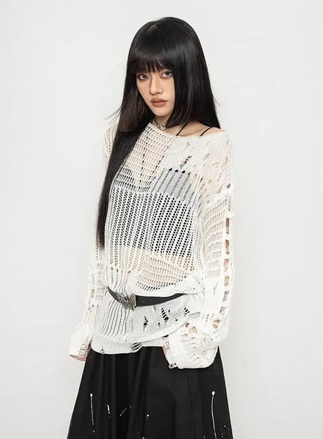 Void Wings Distressed Mesh Sweater