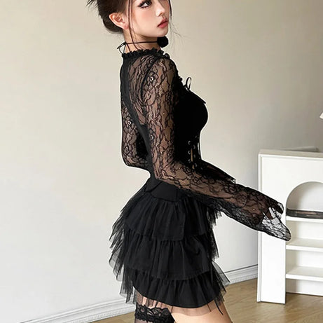 Gothic Lace Tiered Mini Dress