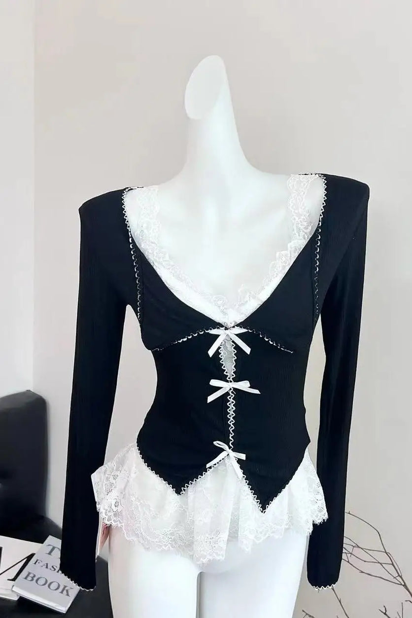 Noir Lace Bow Tie Blouse