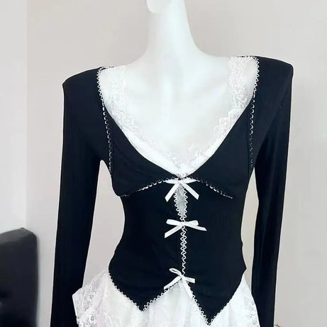 Noir Lace Bow Tie Blouse