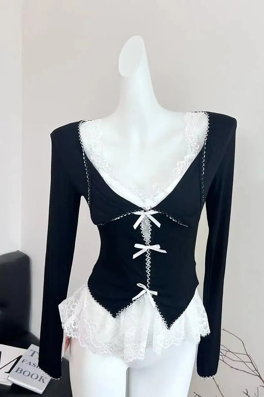 Noir Lace Bow Tie Blouse