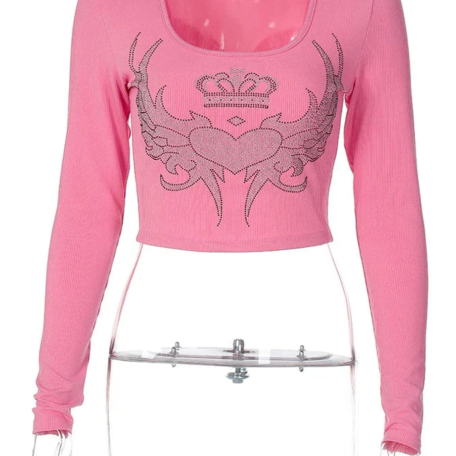 Y2k Hugcitar Sequined Graphic Long Sleeve Pink Kawaii Sexy Slim Crop T-Shirt Top 2023 Fall Women Clothes Festival Rave Party