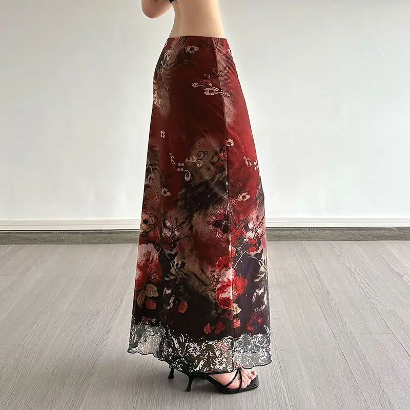 Y2K Crimson Bloom Mesh Midi Skirt