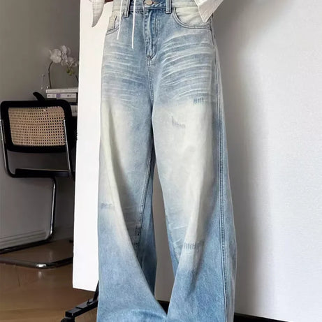 Distressed Light-Wash Wide-Leg Jeans